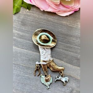 Western Cowboy Boot Brooch with Charms